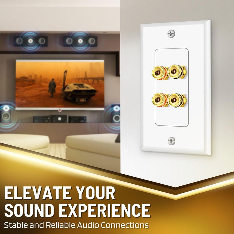 TNP Products TNP Home Theater Wall Plate - Banana Plug Wall Plate, 2 Speaker Wire with Gold-Plated Terminals, Single Gang Audio, In-Wall Surround Sound Connection Plates, White - Image 2